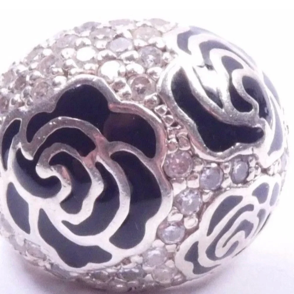 VTG RARESerling Silver Ring Black Enamel Roses with Pave Cz Diamonds Size 10